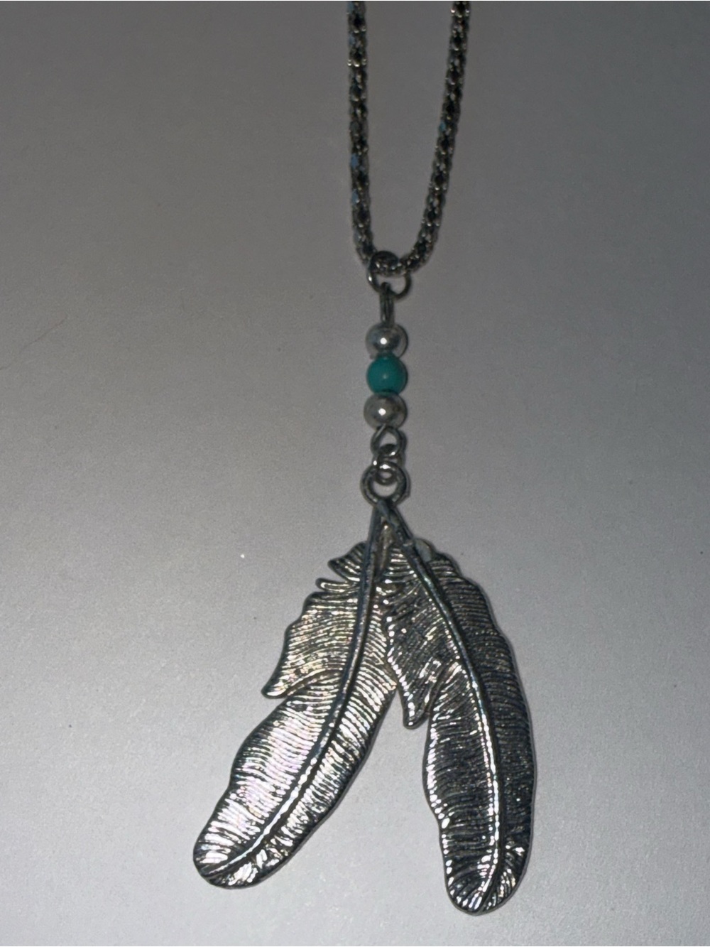 Silver Feather Pendant Necklace with Turquoise Accent - Women Jewelry